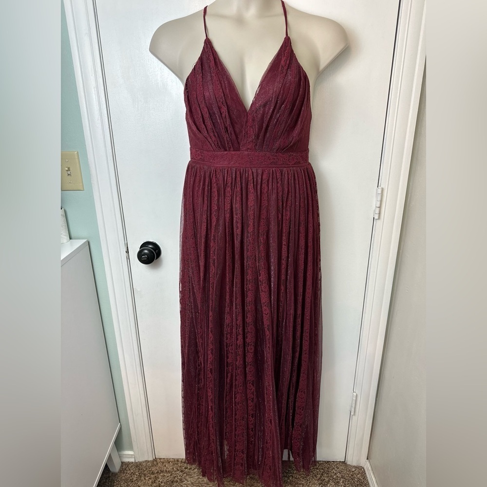 Burgundy Maxi Dress V-neck spaghetti straps pleated design with lace M #1525